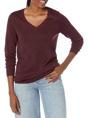 Amazon Essentials Women's Burgundy V Neck Lightweight Long Sleeve Sweaters